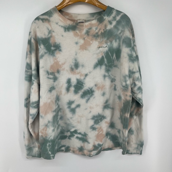 PINK Victoria’s Secret Crewneck Sweatshirt  Womens Large Pink Green Tie Dye - Picture 1 of 7
